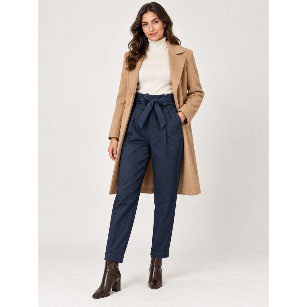 New Women's Polo Ralph Lauren Navy Pleated Tie Waist Cuff Hem Tapered Pants 8